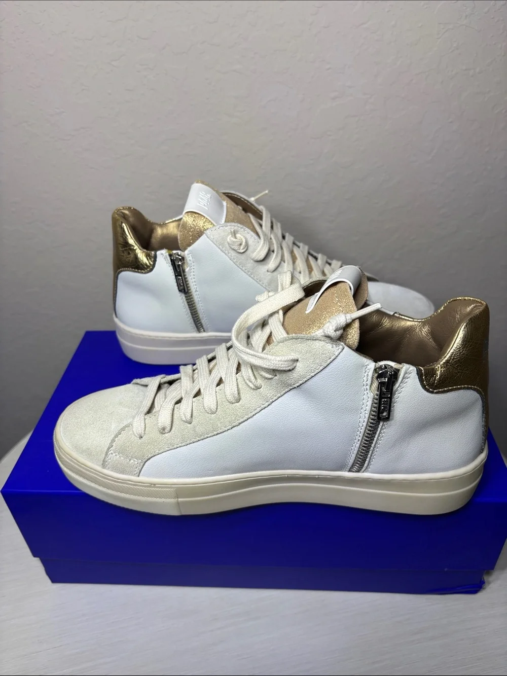 P448 Thea Mid Top Platform Sneakers White Leather Gold Glitter Millenium 40 NIB